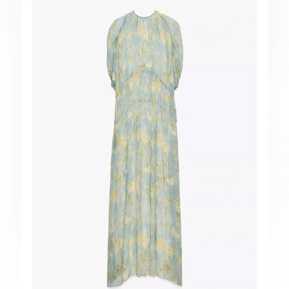 Bohemian Tie-Front Maxi Dress in Sage with Gold Floral - Picture 8 of 15